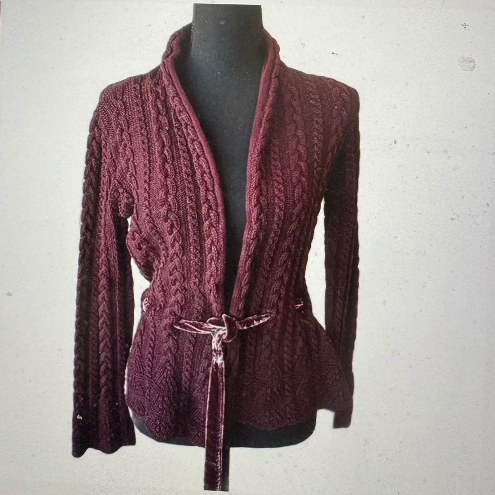 Lauren- Ralph Lauren burgundy cardigan sweater with velvet tie at hip. Sz M